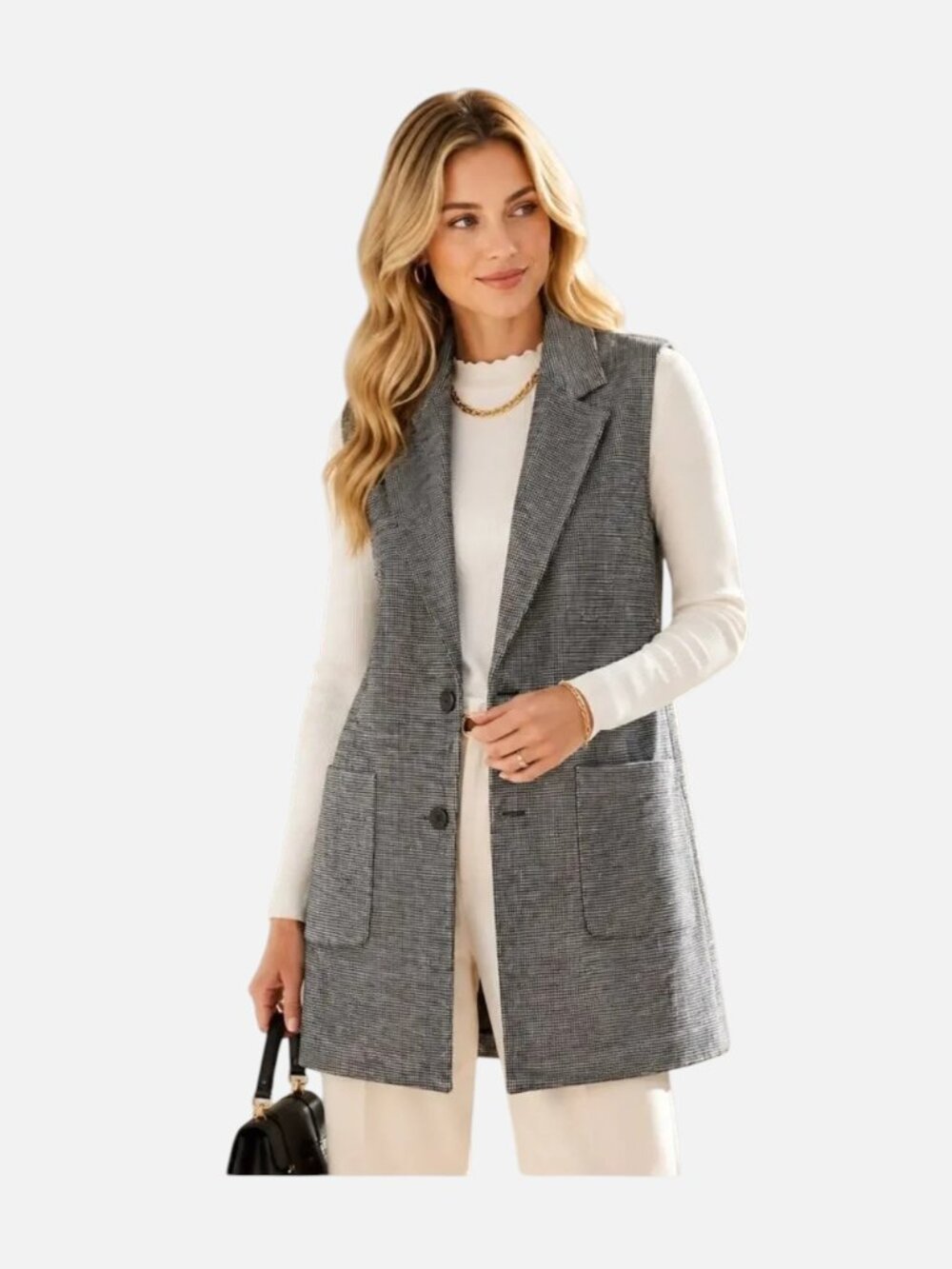 J.McLaughlin Cate Longline Vest Houndstooth Sleeveless Wool Blend Fully Lined